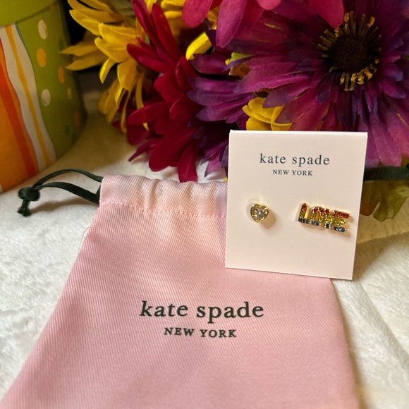 New Kate Spade 🌈 Rainbow “Love” & Heart ❤️ Mismatched  Stud Earrings w/Dust Bag - Picture 2 of 8
